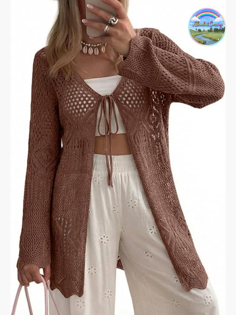 Crochet Long Sleeve Tie Front Cardigan Sweater Hollow Out Knit Beach Coverup